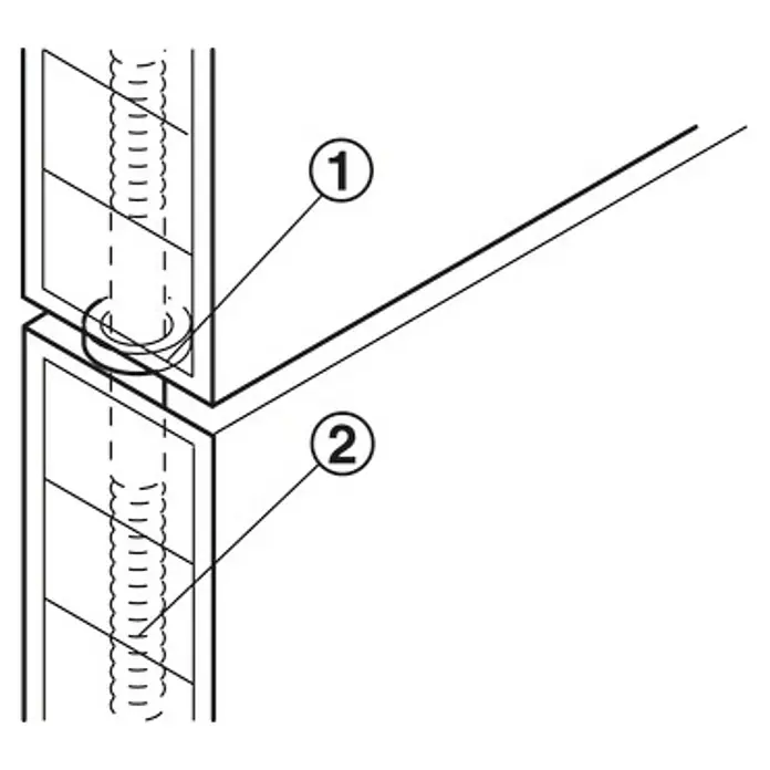 Häfele Conector roscado para insertar - Largo: 70 mm, Diámetro: 4 mm, 100 ud. - Detalle de una conexión de mueble con tornillo (1) y montaje (2) para una construcción estable.