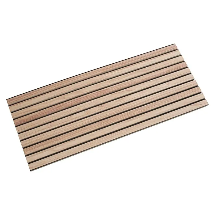 Panel de pared Linari - 120 x 50 cm, 2 ud. - La imagen muestra un panel acústico de madera con listones de madera estrechos y de color claro dispuestos en paralelo sobre un fieltro oscuro.