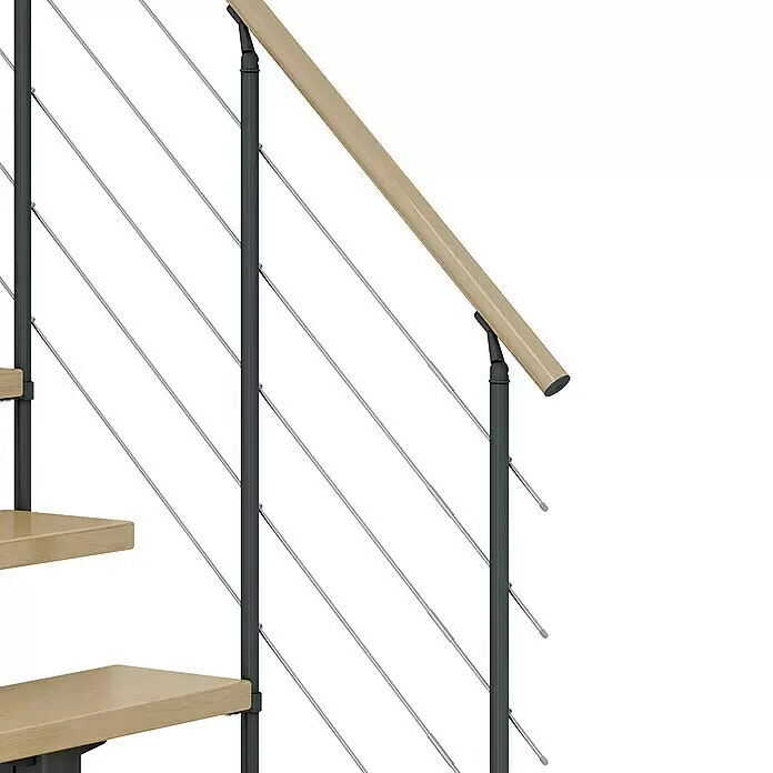 Dolle Mittelholmtreppe Cork - Breite: 75 cm, Anthrazitgrau, Gerade, Farbe Stufen: Ahorn Natur, Geschosshöhe: 278 cm - 337 cm, Edelstahlgeländer - Detailaufnahme