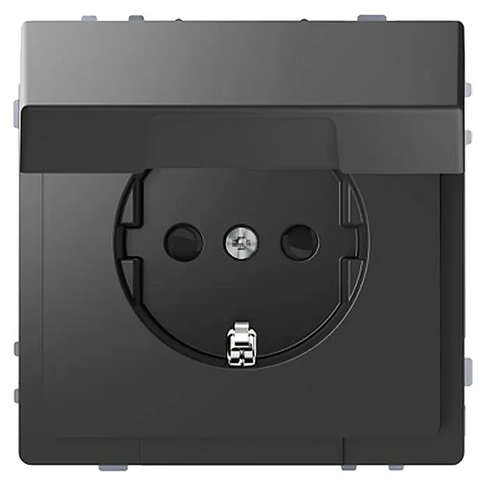 Merten System Design Klappdeckelsteckdose MEG2310-6034 - Anthrazit, 16 A - Nahaufnahme einer schwarzen Schuko-Steckdose mit Erdung, geeignet für Standard-Stromanschlüsse im Haushalt.