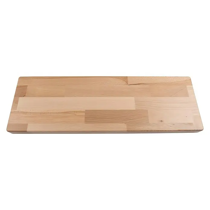 Dolle Mittelholmtreppe CorkBreite: 75 cm, Perlgrau, Gerade, Farbe Stufen: Buche Natur, Geschosshöhe: 278 cm - 337 cm, Edelstahlgeländer - Holzplatte mit hellbraunem Farbton und glatter Oberfläche, ideal für Tischplatten oder Arbeitsflächen.