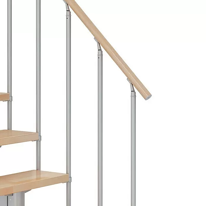 Dolle Mittelholmtreppe CorkBreite: 75 cm, Perlgrau, 1/2-gewendelt, Farbe Stufen: Buche Natur, Geschosshöhe: 278 cm - 337 cm, Einzelstabgeländer