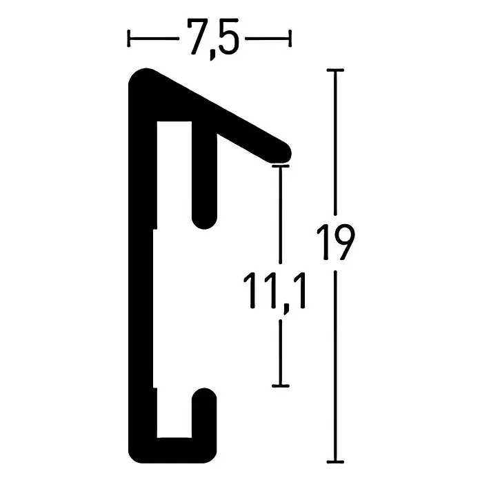 Nielsen Alurahmen Pixel - 40 x 50 cm, Mattsilber - Schematische Darstellung eines Aluminiumprofils mit Maßangaben für technische Zeichnungen, ideal für Bau und Konstruktion.
