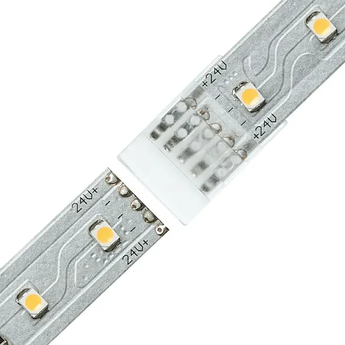 Paulmann MaxLED Verbinder Clip-to-Clip Connector - Kunststoff - Nahaufnahme eines LED-Streifens mit Verbinder, der die +24V-Anschlüsse hervorhebt, ideal für Beleuchtungsprojekte.