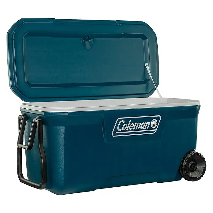 Coleman Nevera de camping 100QT Xtreme™ - L x An x Al: 52 x 92 x 46 cm, Azul, 94 l - Nevera portátil Coleman azul abierta con ruedas y asas, ideal para mantener bebidas y alimentos fríos para actividades al aire libre.