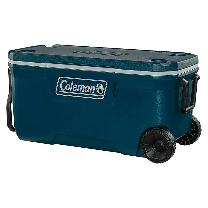 Coleman Nevera de camping 100QT Xtreme™ - L x An x Al: 52 x 92 x 46 cm, Azul, 94 l - Nevera Coleman azul resistente con ruedas y asa para fácil transporte, manteniendo tus bebidas y alimentos fríos.