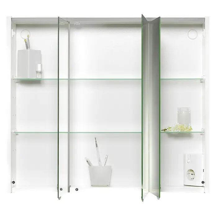 Jokey LED-Spiegelschrank Arbo - B x H: 73 x 62,7 cm, Holz, Weiß - Ein weißer Spiegelschrank mit Glasböden, der halb geöffnet ist und Badezimmerutensilien präsentiert.