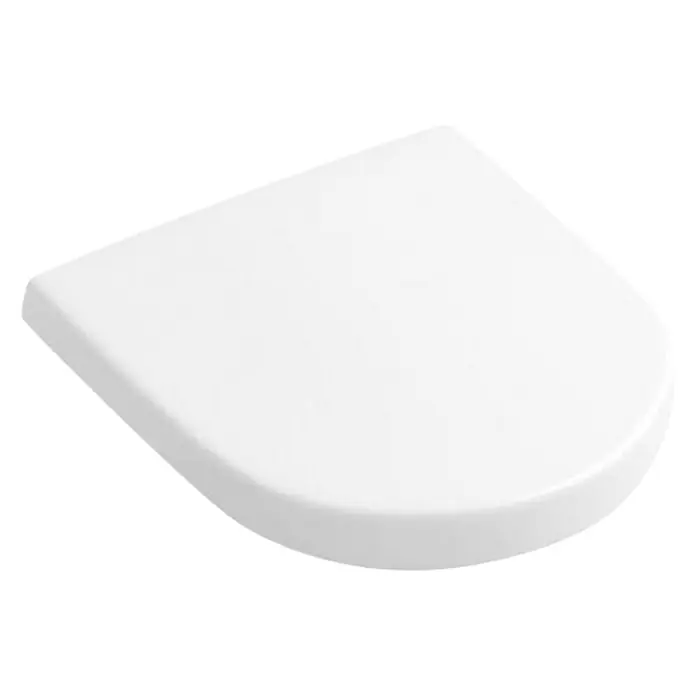Villeroy & Boch Subway 2.0 WC-Sitz Compact - Duroplast, Weiß, Mit Absenkautomatik - Nahaufnahme eines weißen D-Form Toilettendeckels, der ein minimalistisches und modernes Badezimmerdesign unterstreicht.