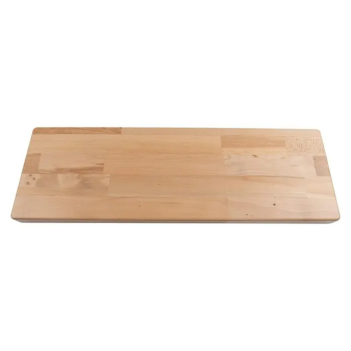 Dolle Mittelholmtreppe Dublin - Breite: 75 cm, Anthrazitgrau, Gerade, Farbe Stufen: Buche Natur, Geschosshöhe: 259 cm - 315 cm, Einzelstabgeländer - Eine helle, rechteckige Holzplatte mit abgerundeten Ecken, ideal als Tischplatte oder Arbeitsfläche. Das Holz hat eine schöne Maserung.