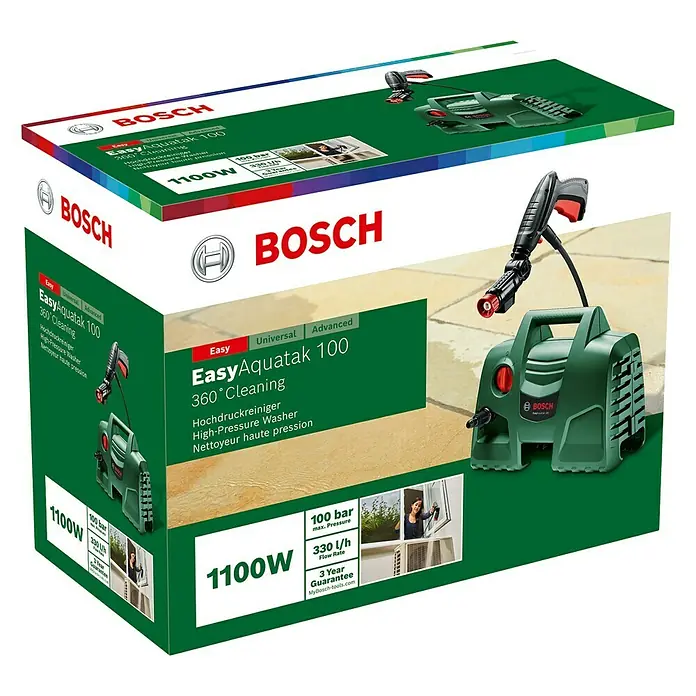 Bosch Hochdruckreiniger EasyAquatak 100 - 100 bar, 1.100 W, Fördermenge: 270 l/h - Verpackung des Bosch EasyAquatak 100 Hochdruckreinigers mit Produktbild und technischen Daten wie 1100W Leistung und 100 bar Druck.