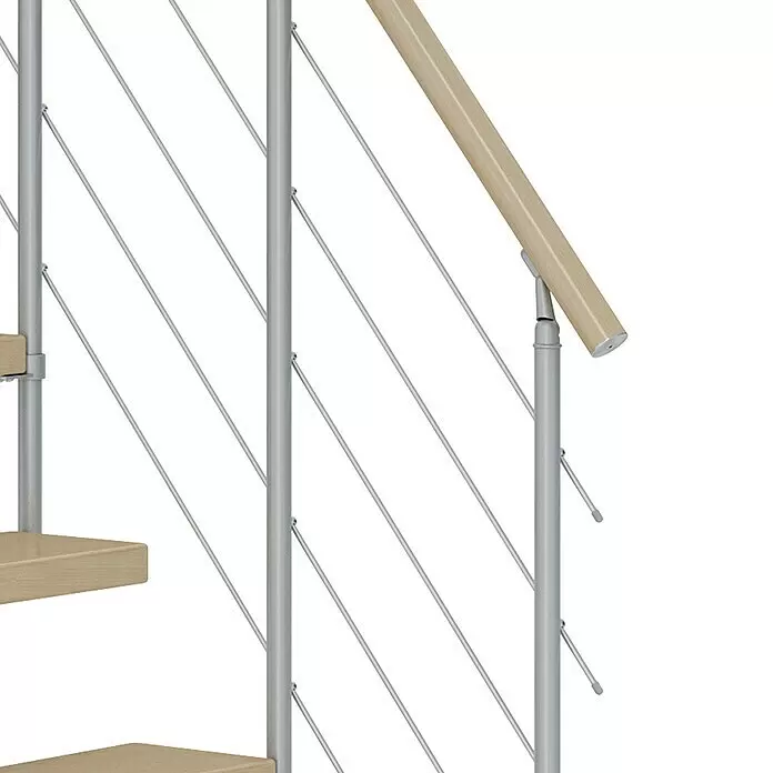 Dolle Mittelholmtreppe Dublin - Breite: 65 cm, Perlgrau, Gerade, Farbe Stufen: Ahorn Natur, Geschosshöhe: 222 cm - 270 cm, Edelstahlgeländer - Moderne Treppe mit hellen Holzstufen, silbernen Metallgeländerpfosten und horizontaler Seilfüllung mit Holzhandlauf.