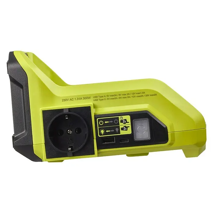 Ryobi Max Power Wechselrichter RY36BI300A-0 - 36 V, Ohne Akku, 300 W - Tragbarer gelber 230V-Akku-Generator mit Steckdose, USB-A- und USB-C-Anschlüssen, ideal für den mobilen Einsatz und zum Aufladen verschiedener Geräte.
