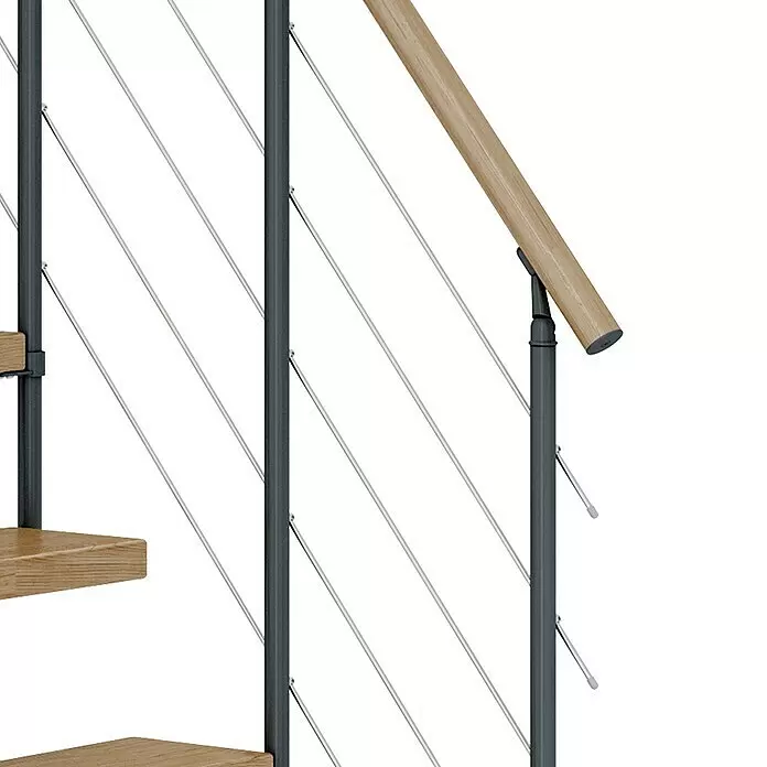Dolle Mittelholmtreppe DublinBreite: 75 cm, Anthrazitgrau, 1/4-gewendelt, Farbe Stufen: Eiche Natur, Geschosshöhe: 278 cm - 337 cm, Edelstahlgeländer
