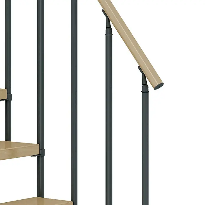 Dolle Mittelholmtreppe Dublin - Breite: 65 cm, Anthrazitgrau, 1/2-gewendelt, Farbe Stufen: Ahorn Natur, Geschosshöhe: 259 cm - 315 cm, Einzelstabgeländer - Detailaufnahme einer Treppe mit Geländer aus Holz und Metall, die eine moderne und stilvolle Optik verleiht.