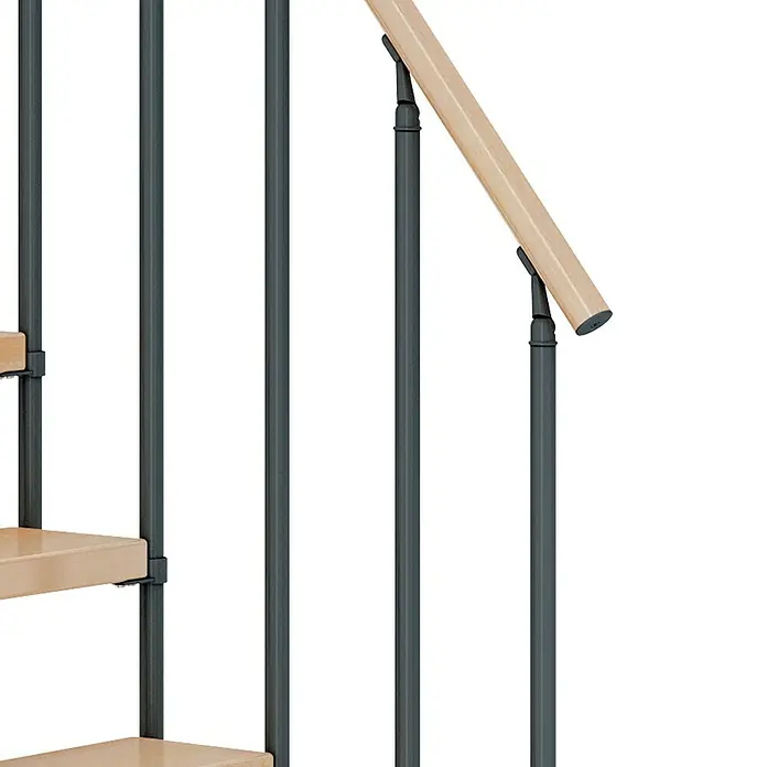 Dolle Mittelholmtreppe DublinBreite: 75 cm, Anthrazitgrau, Gerade, Farbe Stufen: Buche Natur, Geschosshöhe: 278 cm - 337 cm, Einzelstabgeländer - Detailaufnahme einer Treppe mit Metallgeländer und Holzhandlauf, die ein modernes und stilvolles Designelement darstellt.
