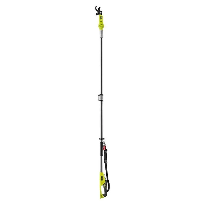 Ryobi ONE+ Maschinenpaket - Akku-Teleskop-Astschere RY18PLA-0,18V, 4 Ah Akku & 2A Ladegerät - Eine lange, teleskopische Astschere mit grünem Griff und schwarzem Schneidkopf zum Beschneiden hoher Äste.