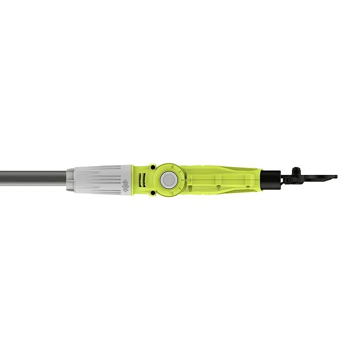 Ryobi ONE+ Akku-Teleskop-Astschere RY18PLA-0 - 18 V, Li-Ionen, Ohne Akku - Nahaufnahme eines gelben Unkrautvernichters mit schwarzem Aufsatz.