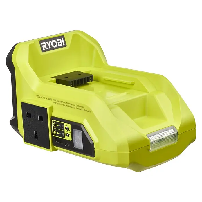 Ryobi Max Power Wechselrichter RY36BI300A-0 - 36 V, Ohne Akku, 300 W - Abgebildet ist ein gelber Ryobi-Akku-Konverter mit Steckdose, USB-Anschlüssen und Lampe, ideal für die Nutzung von Ryobi-Akkus als Stromquelle.