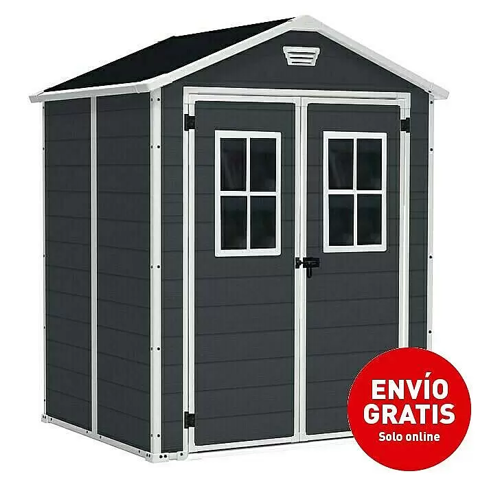 Keter Caseta para jardín Manor 6x5 - Medidas ext. (An x Pr): 185 x 152 cm, Plástico, Antracita/Blanco - Caseta de jardín de resina gris oscuro con ribetes blancos, techo negro y puertas dobles con ventanas.