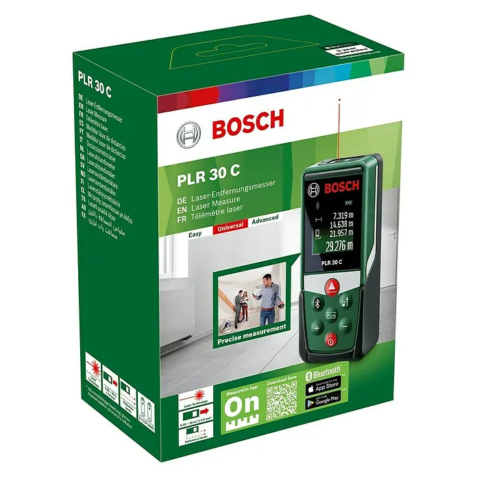 Bosch Medidor de distancia láser PLR 30 C - Gama de medición: 0,05 m - 30 m - Imagen del embalaje de un medidor láser Bosch PLR 30 C, un dispositivo de medición compacto y fácil de usar.
