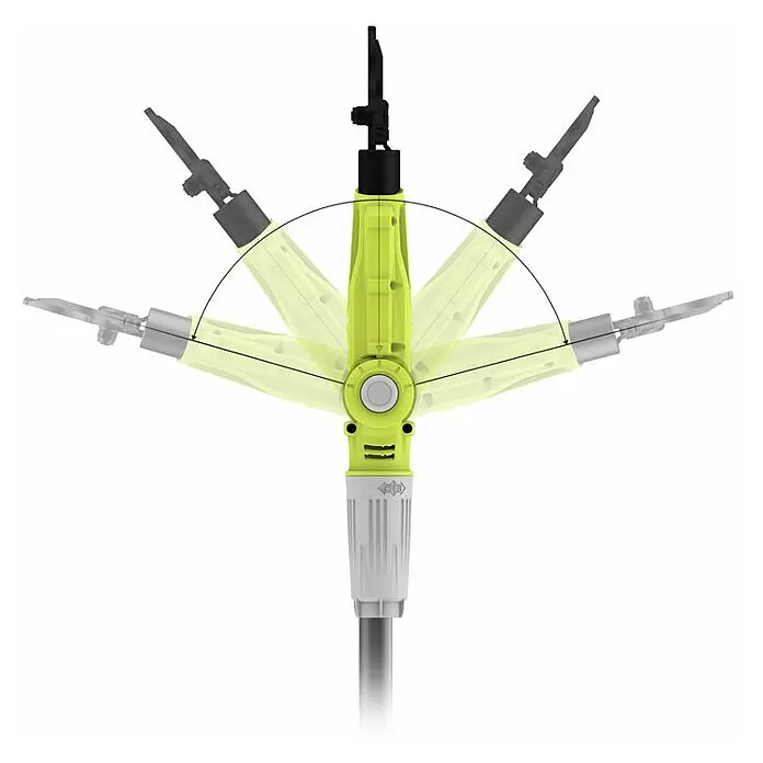 Ryobi ONE+ Akku-Teleskop-Astschere RY18PLA-0 - 18 V, Li-Ionen, Ohne Akku - Limettengrüner verstellbarer Werkzeugkopf mit silbernen Verlängerungen, der verschiedene Winkelpositionen mittels Bogen zeigt.