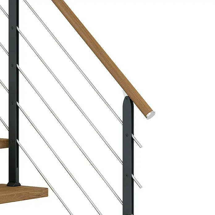 Dolle Mittelholmtreppe Hamburg - Breite: 75 cm, 1/4-gewendelt, Anthrazitgrau, Farbe Stufen: Eiche Natur, Geschosshöhe: 259 cm - 301 cm - Nahaufnahme eines modernen Treppengeländers mit Holzhandlauf und Edelstahlseilen für ein stilvolles und sicheres Zuhause.