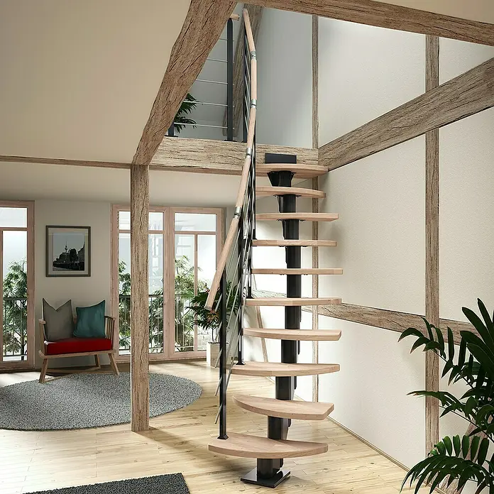 Dolle Mittelholmtreppe BerlinBreite: 64 cm, Variabel, Anthrazitgrau, Farbe Stufen: Eiche Weiß, Geschosshöhe: 222 cm - 270 cm - Eine elegante Wendeltreppe aus Holz und Stahl ist das Highlight dieses modernen, lichtdurchfluteten Wohnraums.