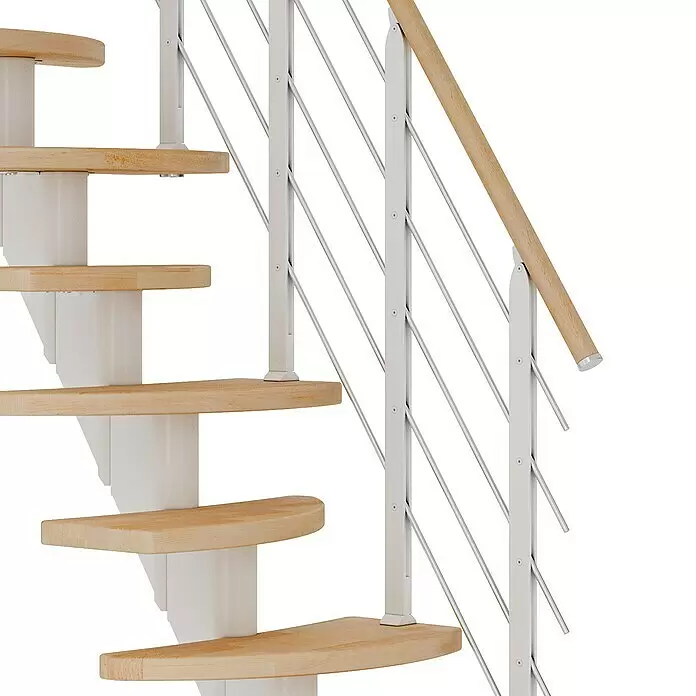 Dolle Mittelholmtreppe Berlin - Breite: 64 cm, Variabel, Verkehrsweiß, Farbe Stufen: Buche Natur, Geschosshöhe: 203 cm - 247 cm - Detailaufnahme