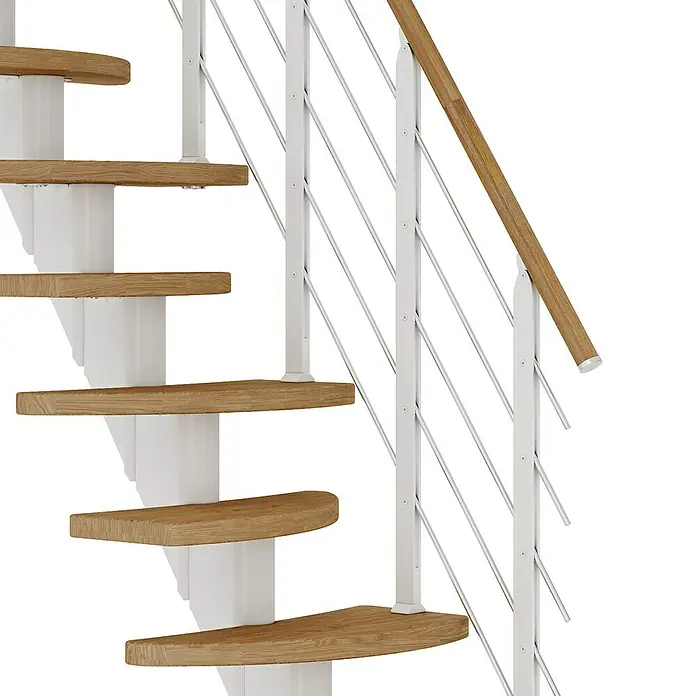 Dolle Mittelholmtreppe Berlin - Breite: 64 cm, Variabel, Weiß, Farbe Stufen: Eiche Natur, Geschosshöhe: 259 cm - 315 cm - Detailaufnahme einer modernen Wendeltreppe mit Holzstufen und weißem Geländer.
