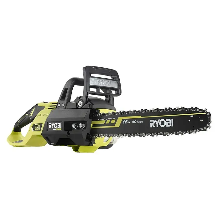 Ryobi Max Power Akku-Kettensäge RY36CSX40B-0 - 36 V, Li-Ionen, Ohne Akku, Schwertlänge: 40 cm - Eine Ryobi Akku-Kettensäge mit einem 406mm Schwert ist auf einem schwarzen Hintergrund. Das Gerät ist in den Farben Schwarz und Gelb gehalten.
