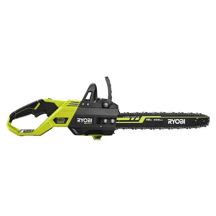Ryobi Max Power Akku-Kettensäge RY36CSX40B-0 - 36 V, Li-Ionen, Ohne Akku, Schwertlänge: 40 cm - Nahaufnahme der RYOBI Akku-Kettensäge, die für ihre Leistung und ihr bürstenloses Design bekannt ist und sich ideal für Gartenarbeiten eignet.