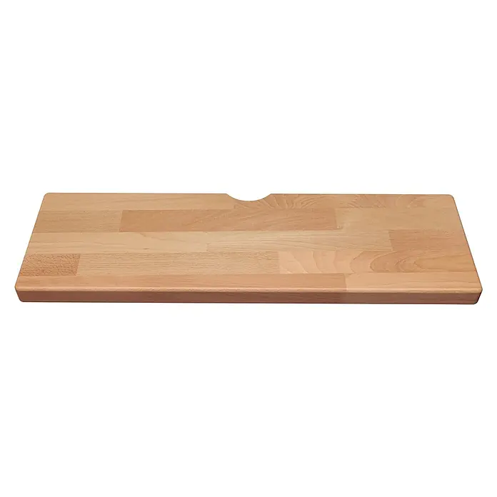 Dolle Mittelholmtreppe Frankfurt - Breite: 75 cm, 1/4-gewendelt, Anthrazitgrau, Farbe Stufen: Buche Natur, Geschosshöhe: 222 cm - 258 cm - Holzschreibtischplatte mit einer Aussparung in der Mitte der Rückseite, ideal für Kabelmanagement. Die Platte ist hellbraun und besteht aus verleimten Holzstücken.