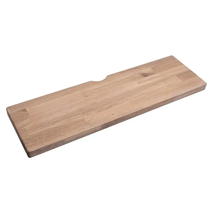 Dolle Mittelholmtreppe Frankfurt - Breite: 65 cm, Gerade, Perlgrau, Farbe Stufen: Eiche Weiß, Geschosshöhe: 240 cm - 279 cm - Ein rechteckiges, helles Holzregal mit abgerundeten Kanten und einer Aussparung, ideal für die Wandmontage. Robuste Konstruktion.