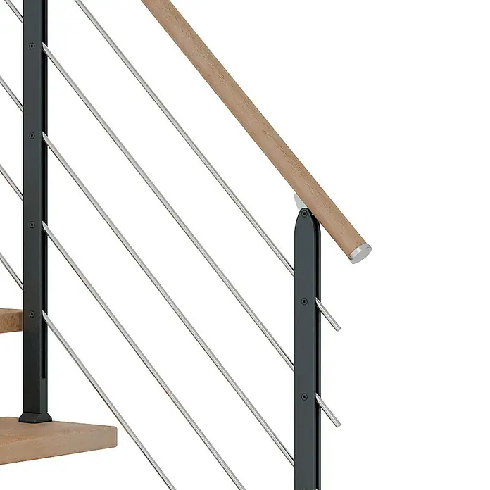 Dolle Mittelholmtreppe HamburgBreite: 85 cm, Gerade, Anthrazitgrau, Farbe Stufen: Buche Natur, Geschosshöhe: 278 cm - 322 cm - Detailaufnahme eines Geländers mit Holzhandlauf und Edelstahlseilen, modernes Design für Treppen.