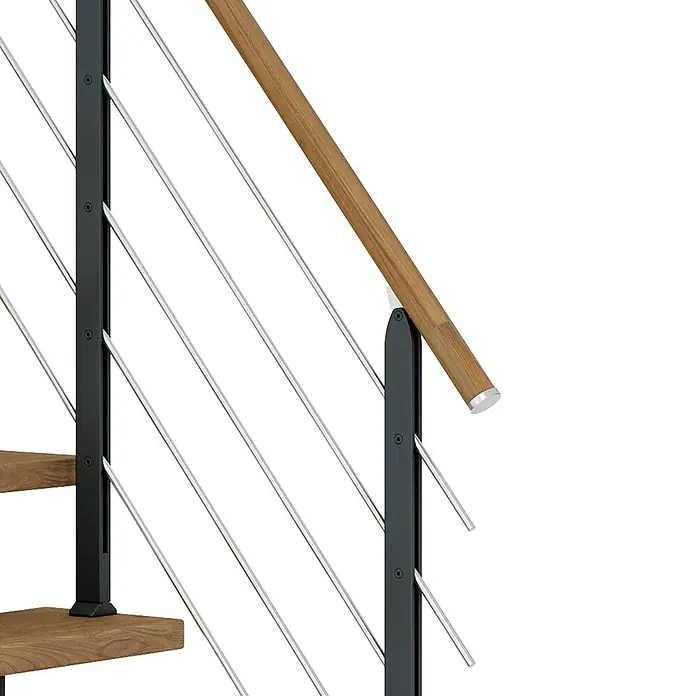 Dolle Mittelholmtreppe Frankfurt - Breite: 75 cm, Gerade, Anthrazitgrau, Farbe Stufen: Eiche Natur, Geschosshöhe: 222 cm - 258 cm - Detailaufnahme eines Treppengeländers mit Holzhandlauf und Edelstahlseilen an schwarzen Pfosten. Stilvolles Design für moderne Innenräume.