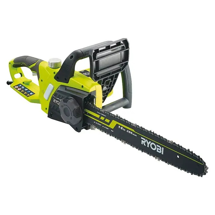 Ryobi Elektro-Kettensäge RCS1935B - 1.900 W, Schwertlänge: 40 cm - Nahaufnahme einer Ryobi Kettensäge, ideal für Gartenarbeiten, mit einem scharfen Schwert für präzise Schnitte.