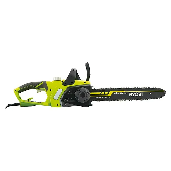 Ryobi Elektro-Kettensäge RCS1935B - 1.900 W, Schwertlänge: 40 cm - Nahaufnahme einer gelben Ryobi Kettensäge mit 356 mm Schwertlänge auf schwarzem Hintergrund.