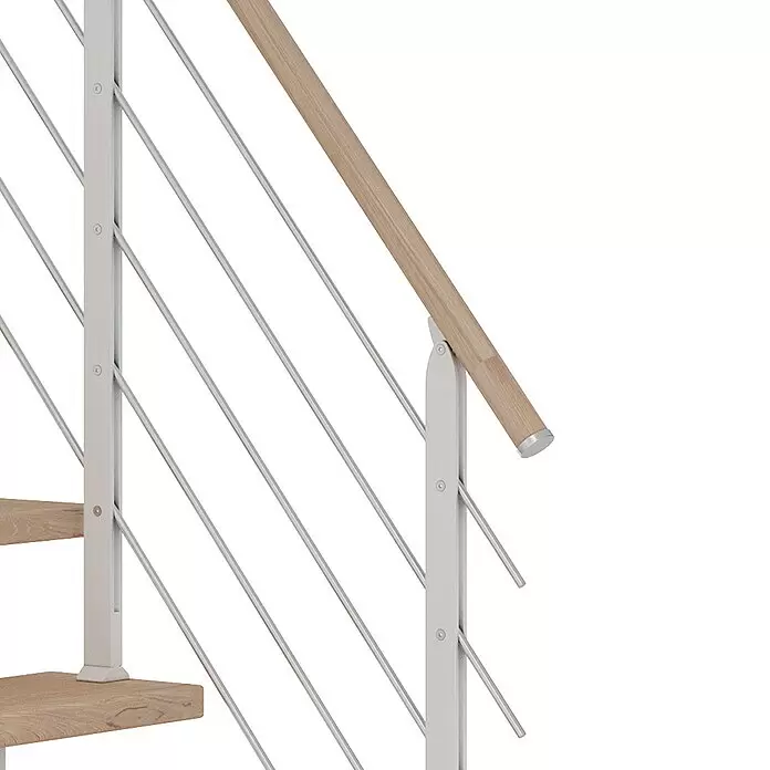 Dolle Mittelholmtreppe FrankfurtBreite: 75 cm, 1/4-gewendelt, Verkehrsweiß, Farbe Stufen: Eiche Weiß, Geschosshöhe: 222 cm - 258 cm