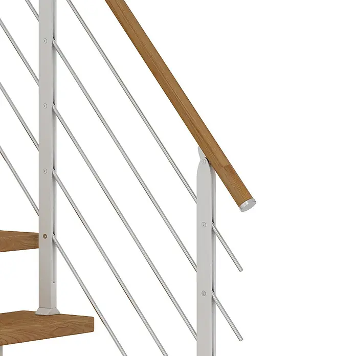 Dolle Mittelholmtreppe FrankfurtBreite: 65 cm, 1/4-gewendelt, Verkehrsweiß, Farbe Stufen: Eiche Natur, Geschosshöhe: 259 cm - 301 cm - Das moderne Treppengeländer mit Stahlseilen und Holzhandlauf verleiht Ihrem Zuhause einen eleganten und sicheren Akzent.