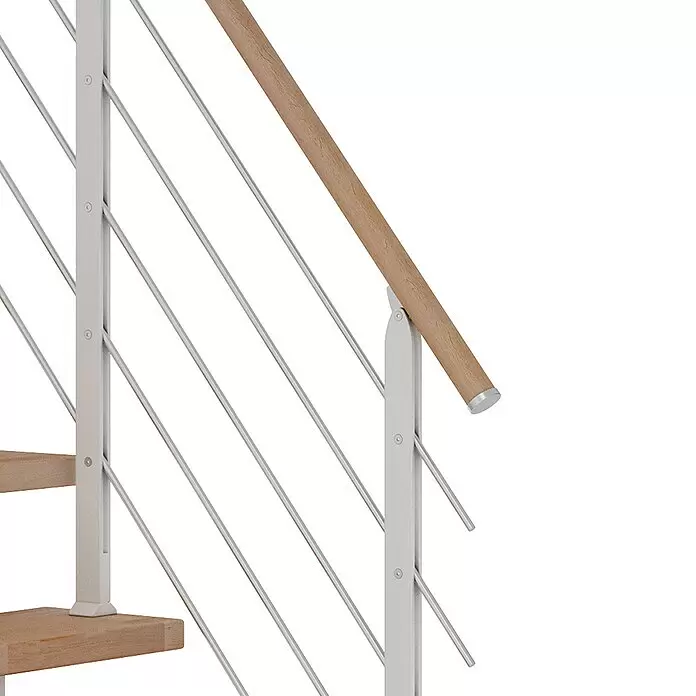 Dolle Mittelholmtreppe FrankfurtBreite: 75 cm, 1/2-gewendelt, Verkehrsweiß, Farbe Stufen: Buche Natur, Geschosshöhe: 222 cm - 258 cm