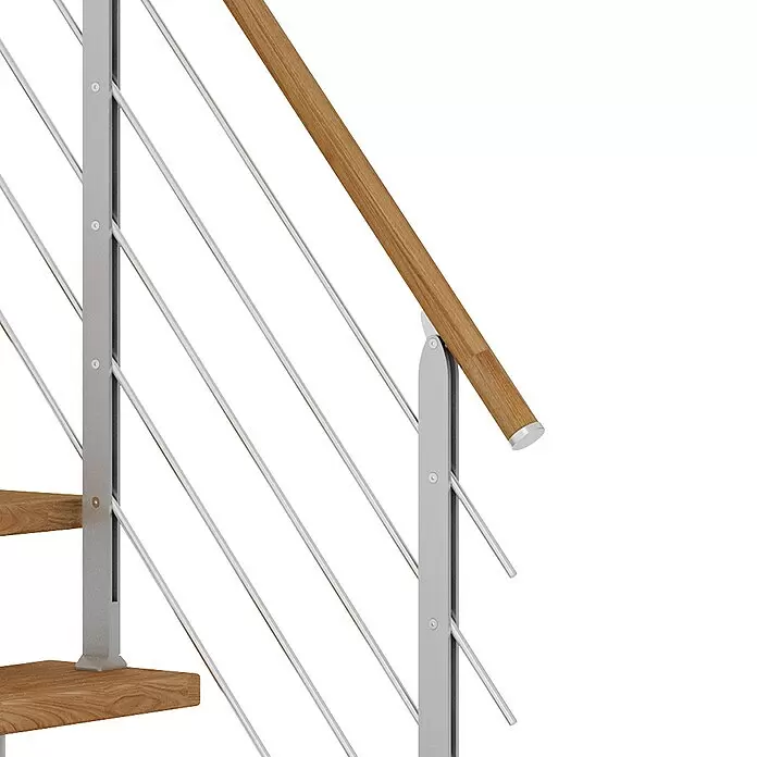 Dolle Mittelholmtreppe Frankfurt - Breite: 75 cm, 1/4-gewendelt, Perlgrau, Farbe Stufen: Eiche Natur, Geschosshöhe: 222 cm - 258 cm - Detailaufnahme