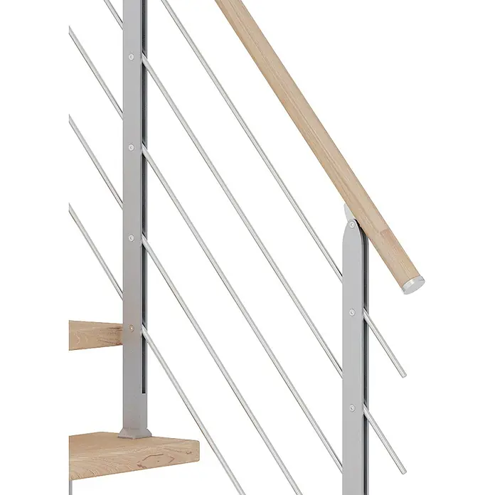 Dolle Mittelholmtreppe FrankfurtBreite: 75 cm, 1/4-gewendelt, Perlgrau, Farbe Stufen: Eiche Weiß, Geschosshöhe: 222 cm - 258 cm - Detailaufnahme eines Treppengeländers mit Edelstahlseilen und Holzhandlauf. Elegantes Design für moderne Innenräume.