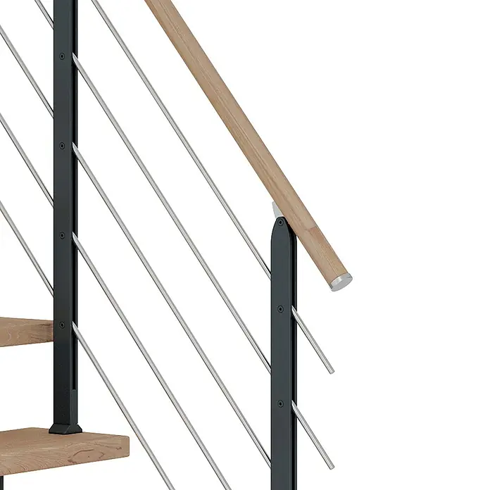 Dolle Mittelholmtreppe Frankfurt - Breite: 65 cm, 1/2-gewendelt, Anthrazitgrau, Farbe Stufen: Eiche Weiß, Geschosshöhe: 259 cm - 301 cm - Detailansicht eines modernen Treppengeländers mit Holzhandlauf und schwarzen Metallstreben.