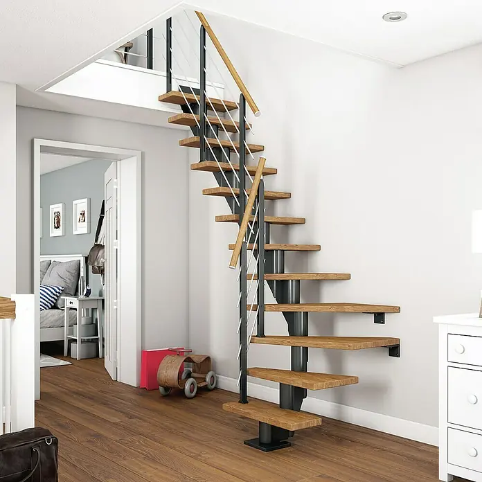 Dolle Mittelholmtreppe Frankfurt - Breite: 75 cm, 1/4-gewendelt, Anthrazitgrau, Farbe Stufen: Eiche Natur, Geschosshöhe: 222 cm - 258 cm - Die Spindeltreppe mit Holzstufen und Stahlgeländer ist eine moderne und platzsparende Lösung für Ihr Zuhause. Elegantes Design für jeden Raum!