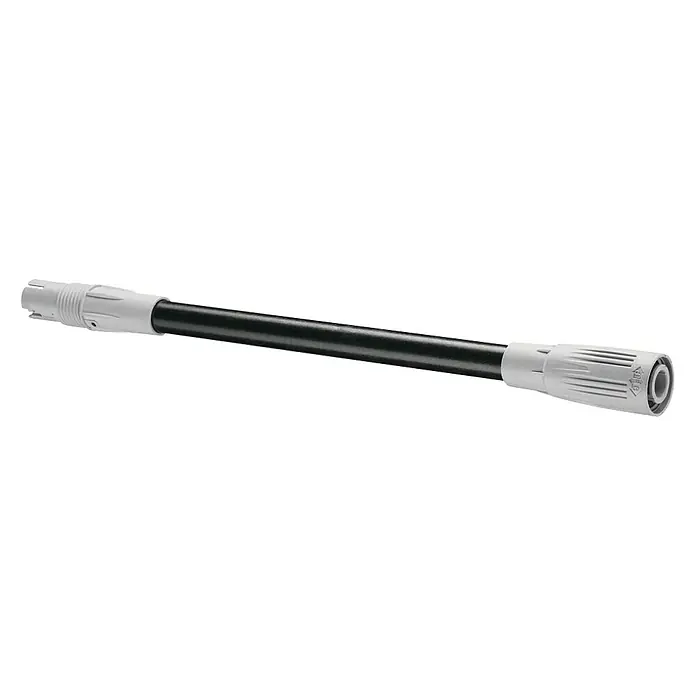 Ryobi Elektro-Hochentaster RPP750S - 750 W, Schwertlänge: 20 cm - Eine Nahaufnahme einer schwarzen Verlängerungsstange mit weißen Endstücken auf schwarzem Hintergrund.