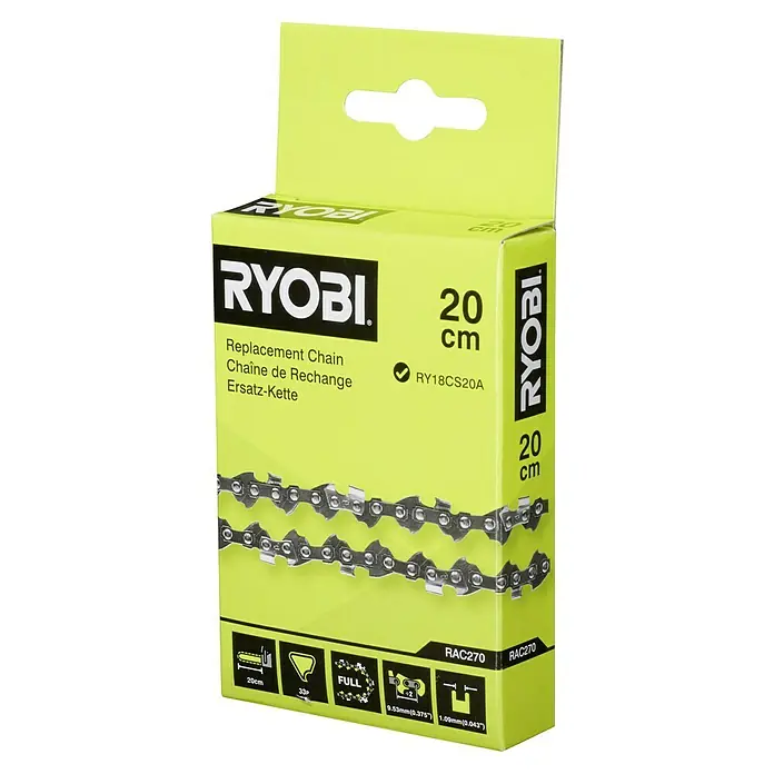 Ryobi Sägekette RAC270 - Passend für: Ryobi 18V Kettensäge RY18CS20A - Eine neue Ryobi 20 cm Ersatzkette für Kettensägen, verpackt in einer gelben Kartonverpackung, die alle technischen Details enthält.