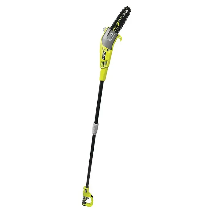 Ryobi Elektro-Hochentaster RPP750S - 750 W, Schwertlänge: 20 cm - Ryobi Akku-Hochentaster mit einem gelben Griff, einer Verlängerungsstange und einer Kettensäge zum Beschneiden von hohen Ästen.