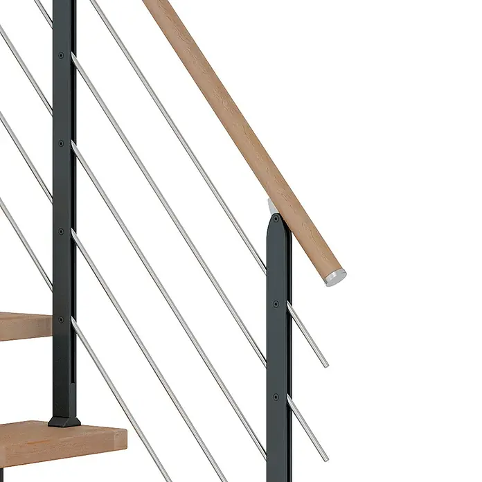 Dolle Mittelholmtreppe FrankfurtBreite: 65 cm, 1/4-gewendelt, Anthrazitgrau, Farbe Stufen: Buche Natur, Geschosshöhe: 259 cm - 301 cm - Nahaufnahme von Treppengeländer aus Edelstahl mit Holzhandlauf und schwarzen Pfosten.