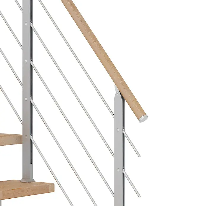 Dolle Mittelholmtreppe FrankfurtBreite: 75 cm, 1/4-gewendelt, Perlgrau, Farbe Stufen: Buche Natur, Geschosshöhe: 222 cm - 258 cm - Detailaufnahme einer modernen Treppe mit Edelstahlseilen und Holzhandlauf. Eleganz und Sicherheit vereint in diesem Treppendesign.