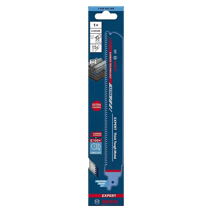 Bosch Expert Säbelsägeblatt Thick Though Metal S1155CHC - Länge: 225 mm - Das Bosch Expert Säbelsägeblatt für dicke Metalle mit Carbide Technology sorgt für präzise Schnitte und lange Lebensdauer.